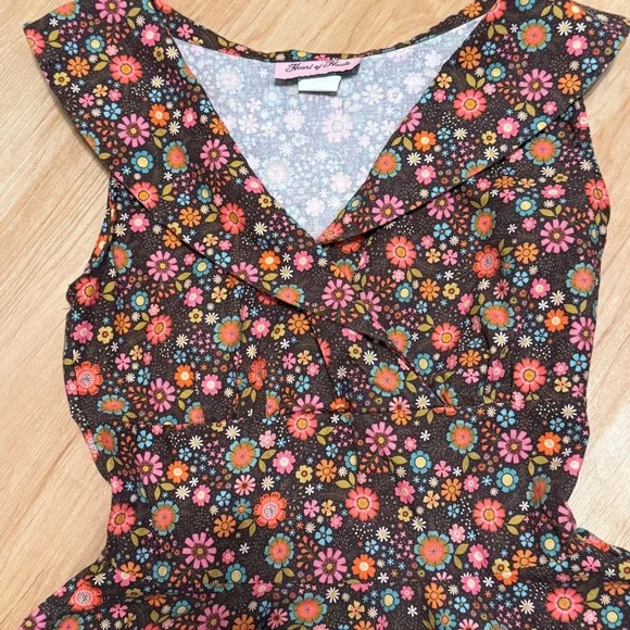 Heart of Haute 50’s retro full circle dress brown power floral print Small - Picture 2 of 5